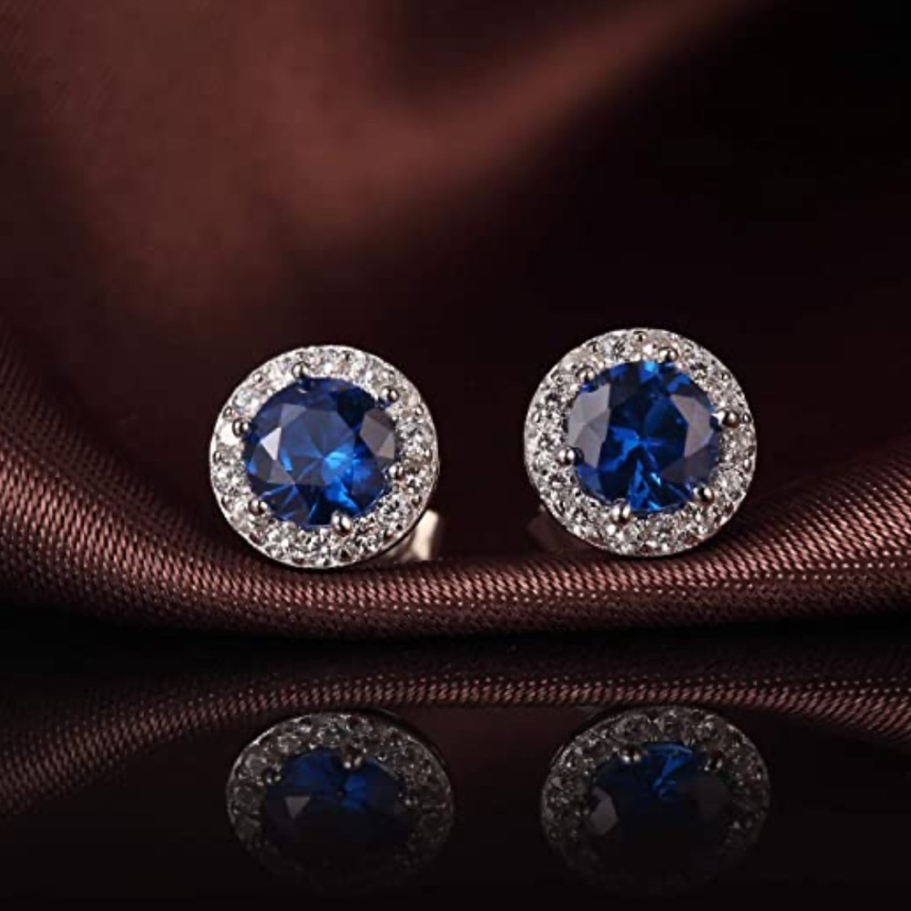 GIFT GUIDE BLUE 18KT PLATINUM PLATED HALO EARRINGS